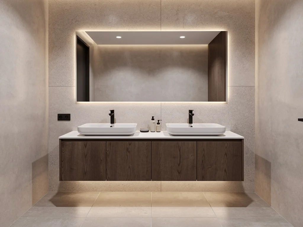 Double vasque sur meuble suspendu et miroir dans une salle de bain claire