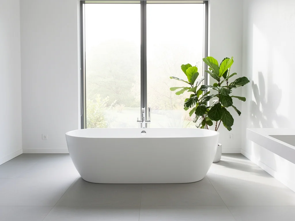 Baignoire îlot posée devant la fenêtre d'une salle de bain lumineuse