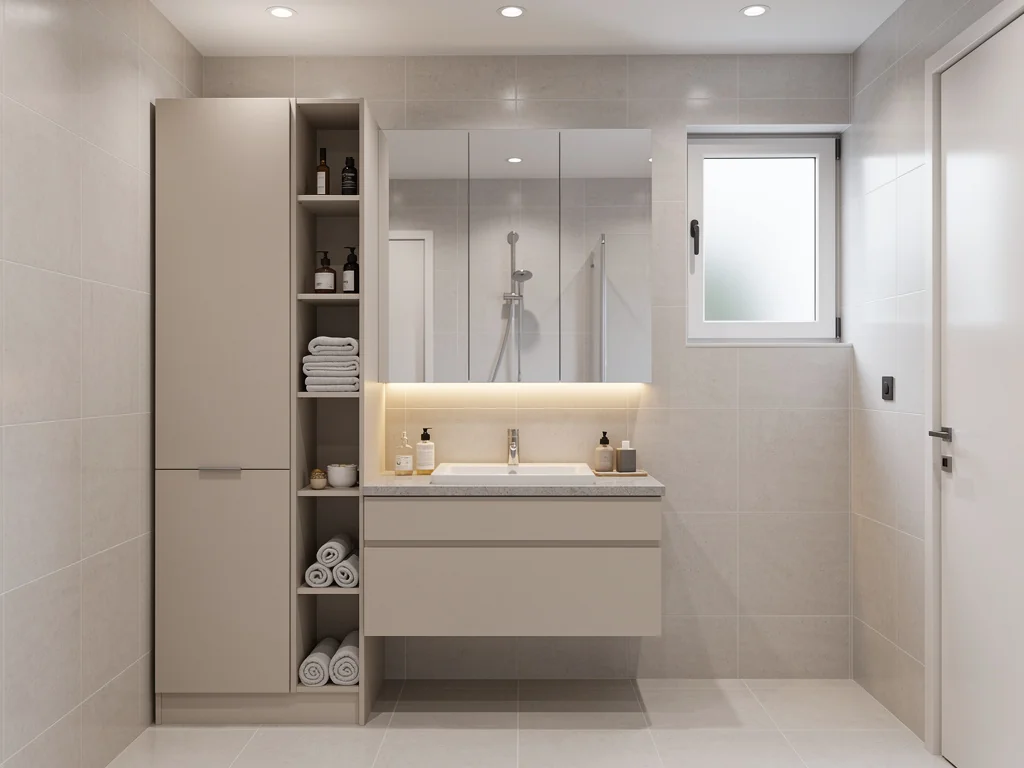 Colonne de rangement sur mesure dans une petite salle de bain optimisée